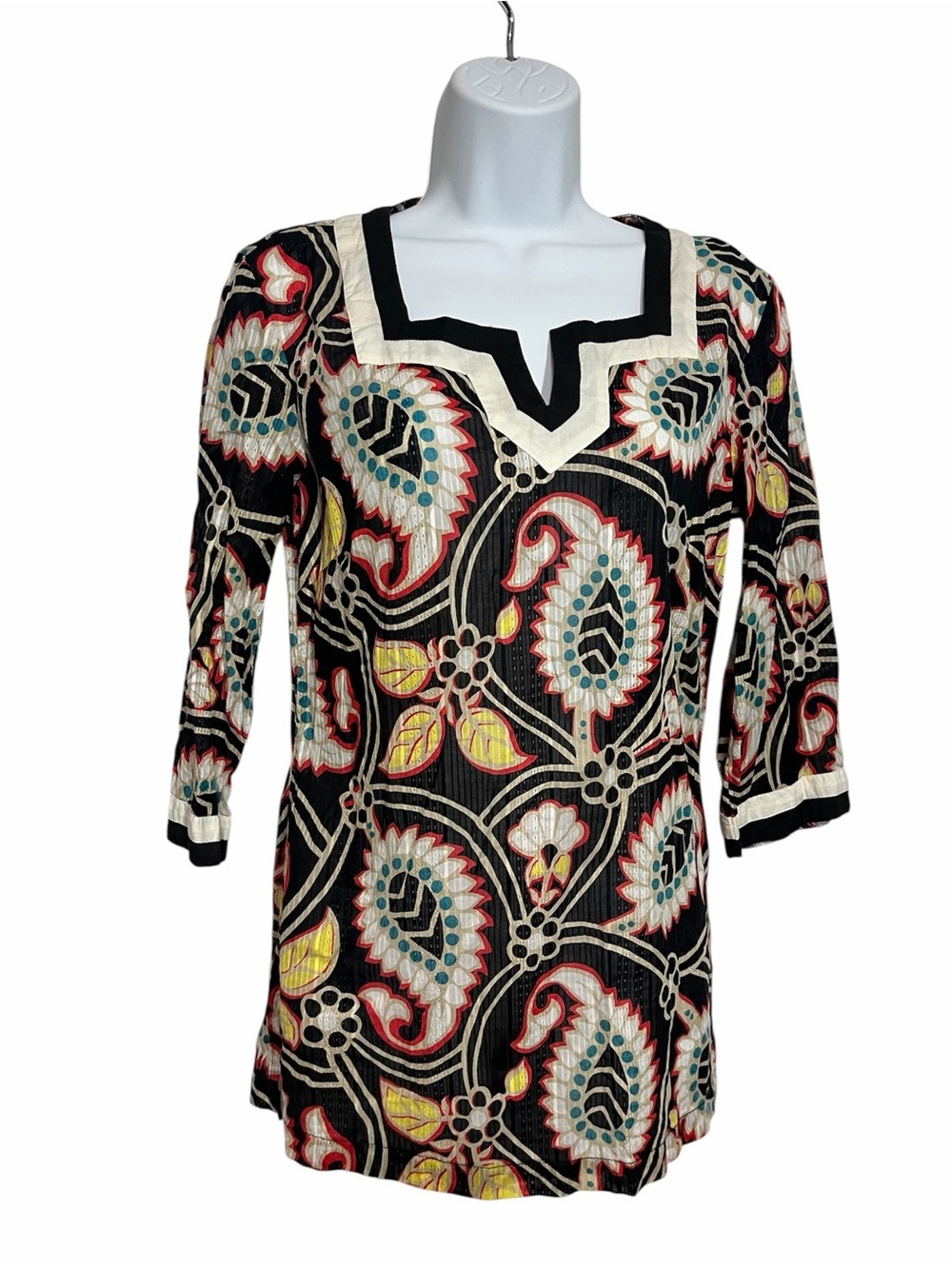 Y2K Tommy Hilfiger Black Paisley Tunic Top Size XS Lightweight Gauzy Boho